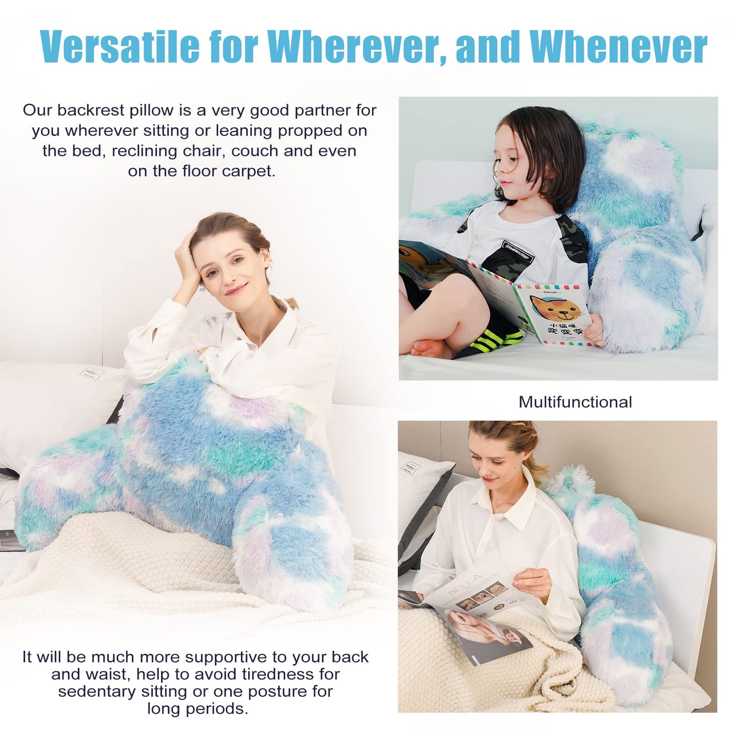 Bedriping Reading Pillow for Bed Adult - Faux Fur Backrest Pillow with Arms, Ergonomic Back Rest Pillow for Sitting Up in Bed, Extra Fluffy Sit Up Pillow, Students, Teens, Kids Study Pillow, Xmas Gift