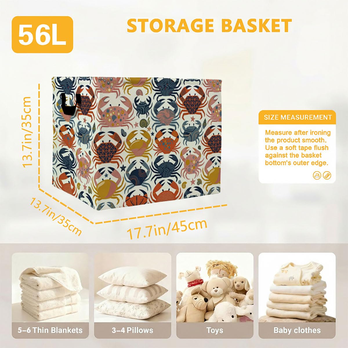 Modern Geometric Crabs Laundry Hamper, 56L Large Foldable Laundry Basket with Handles, for Clothes, Toy Storage Bin, Blankets,Decorative Organizer for Shelves & Closet Home Decor Bedroom & Nursery