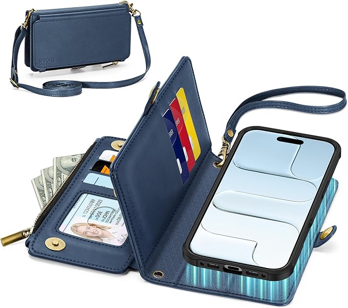 TUCCH Crossbody Detachable Wallet Case for iPhone Air 6.5" 2025, 9 Card Holders RFID Blocking, Wireless Charging, Stand, Wrist Strap, Lanyard, Zipper Pocket, PU Leather Shockproof Cover, Dark Blue