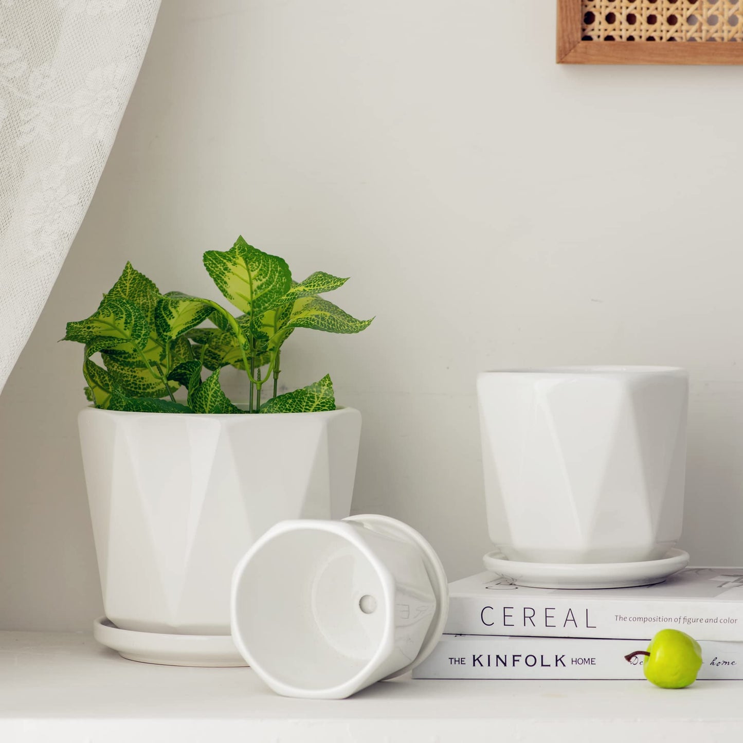 White Ceramic Planter Set of 3 with Drainage and Saucer, Indoor Plant Pots