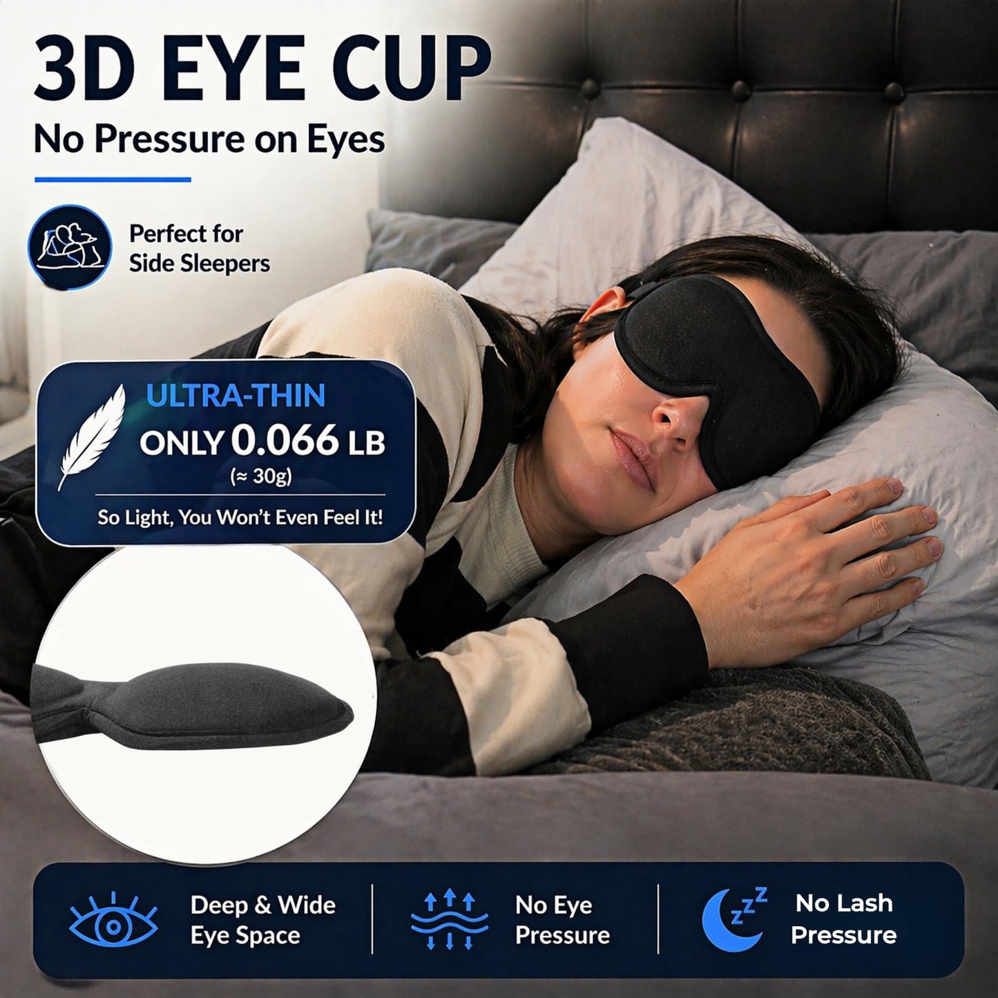 ZLZQER Ultra-Thin 3D Sleep Eye Mask for Side Sleepers Women Men, Zero Pressure for Sleeping, Total Blackout for Lash Extensions, for Side Sleeper,Soft Breathable Lightweight Design for Travel(Black)