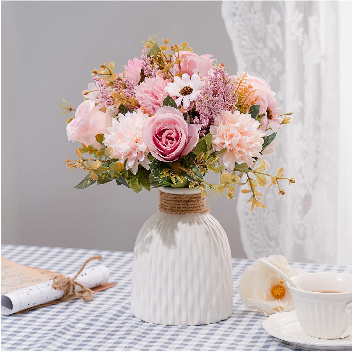 Epicpetal Fake Flowers in Vase, Artificial Pink Flowers in Vase for Decoration Faux Flowers Fake Floral for Home Decor Indoor Dining Table Centerpiece (Pink)