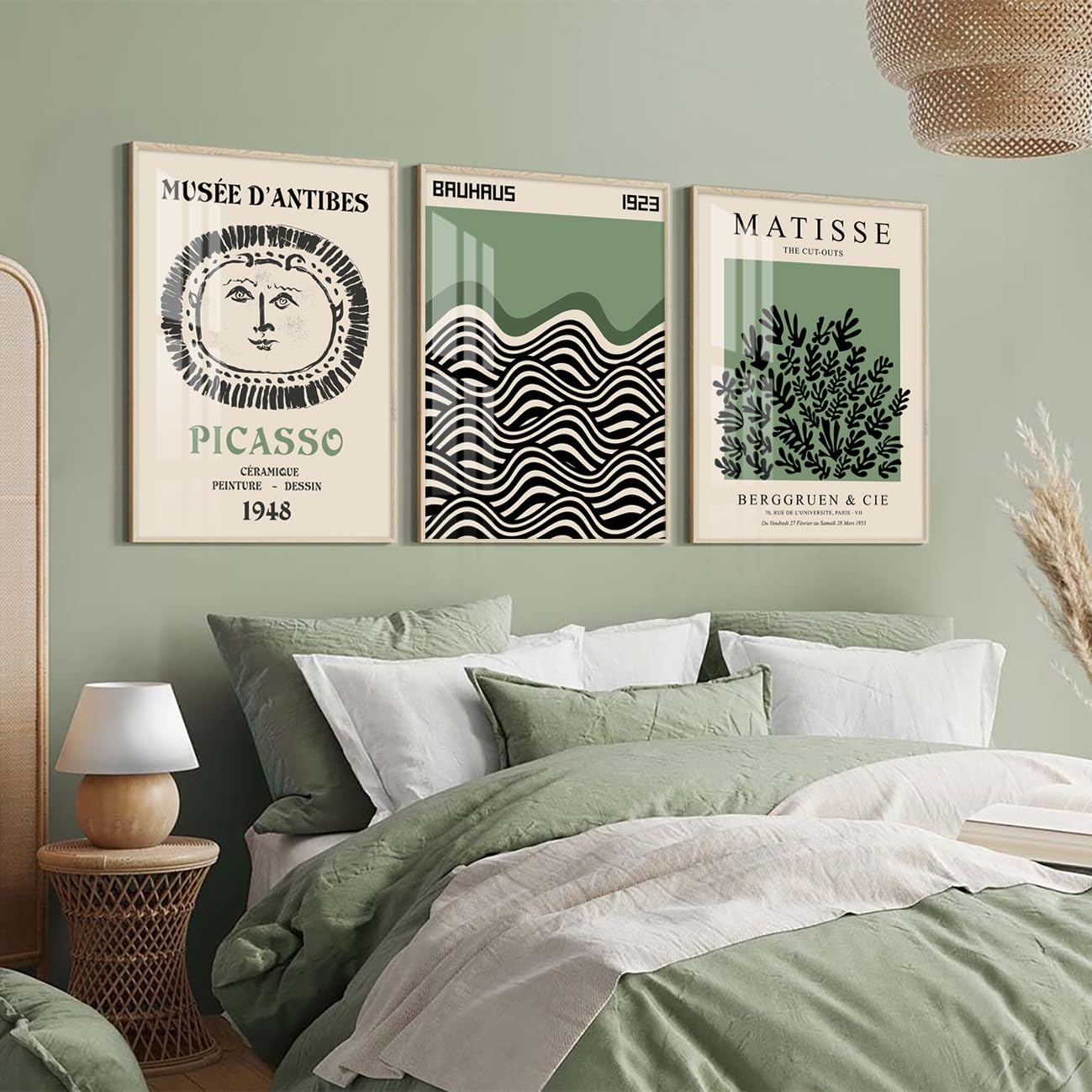 Picasso Matisse Bauhaus Canvas Wall Art Prints Set of 3 Sage Green Modern Minimalist Large Wall Decor Picture Aesthetic Art Paintings Posters for Gallery Bedroom Living Room Decor 16x24 inch Unframed
