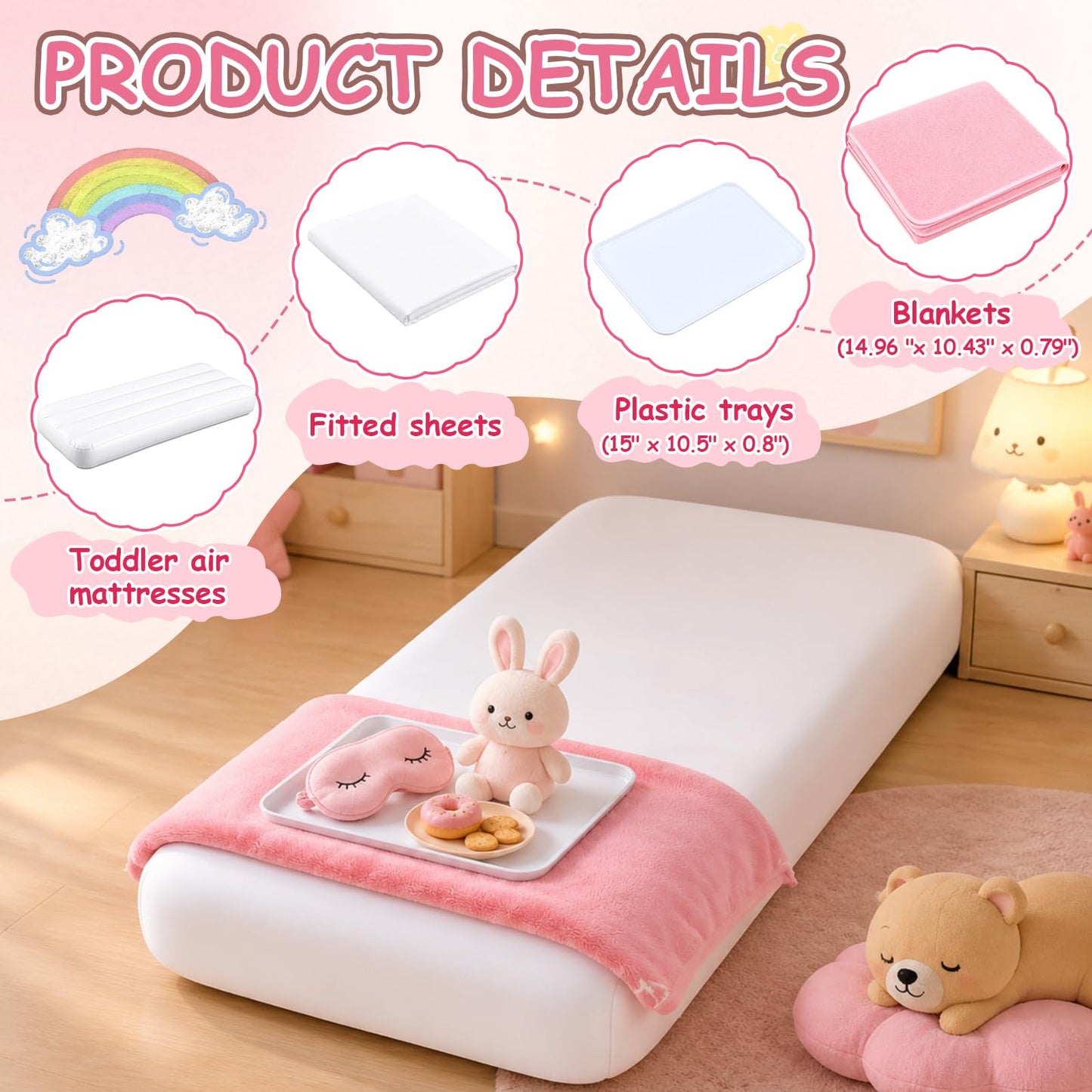 Windyun 4 Pack Kids Air Mattress Set, 63 x 27 x 8 Inch Toddler Blow Up Mattress with Washable Blankets, Sheets and Trays, Inflatable Travel Bed for Kids Ages 3-10, Sleepover Party Supplies, Pink White