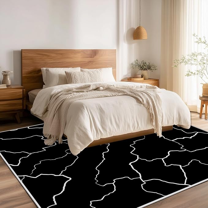 Abstract Rugs for Living Room - Modern Washable Area Rug, 7x9 Abstract Black and White Rug, Minimalist Rugs,Carpet Non Slip Home Decor