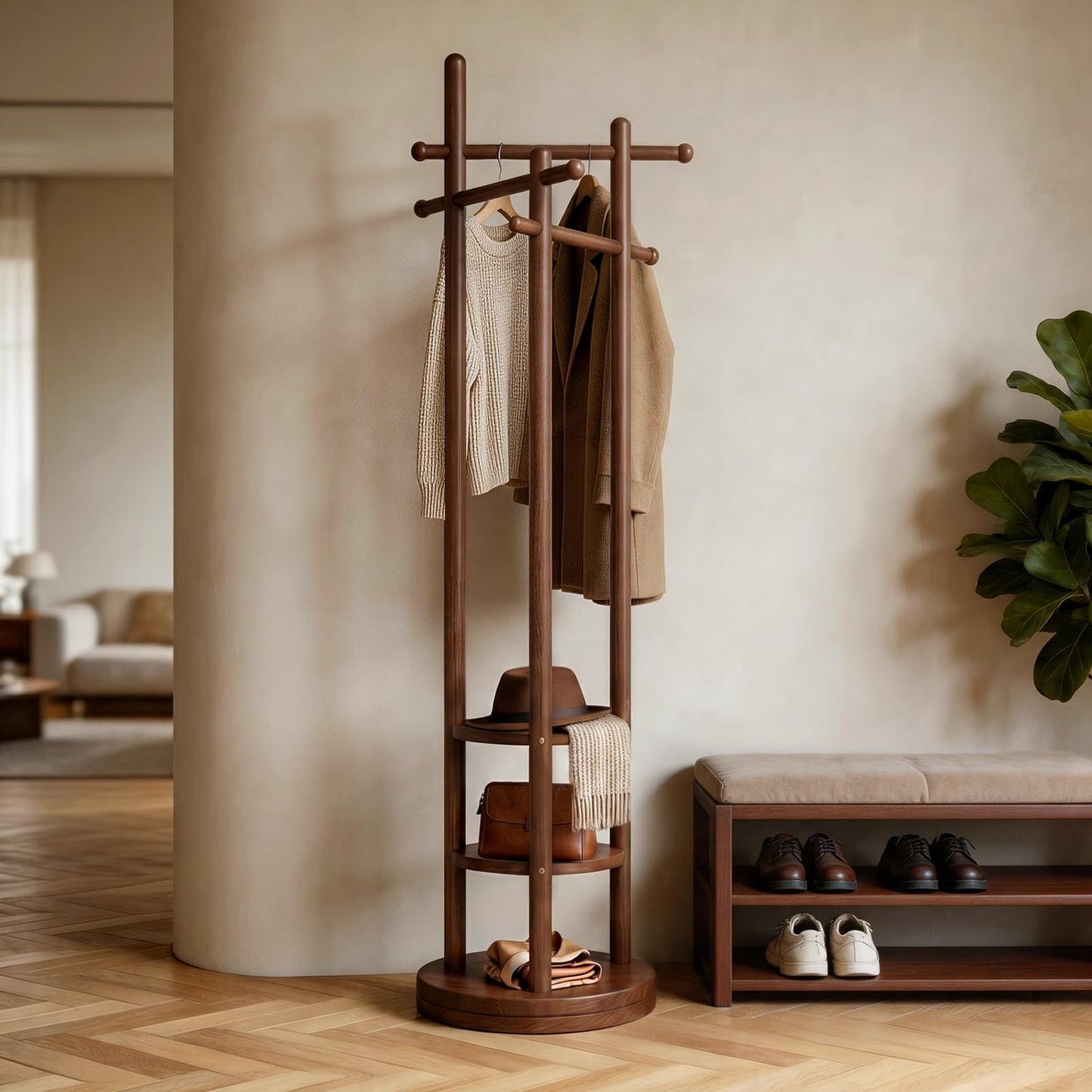 Vcalnil Coat Rack Freestanding, Solid Wood Coat Tree with 6 Hooks and 3 Storage Shelves for Bedroom, Entryway Living Room, Office, Corner Hanger Stand for Purse, Bag, Jacket, Hat
