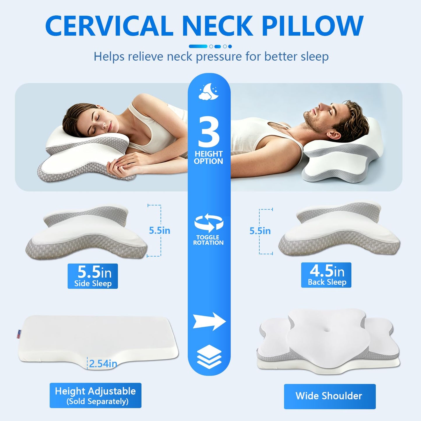 Cervical Neck Pillow for Neck Pain Relief & Side Sleeper | Ergo Pillow for Sleep Apnea, Neck Pain, and Snoring Relief | Orthopedic Memory Foam with Ergonomic Neck Support, White, Large