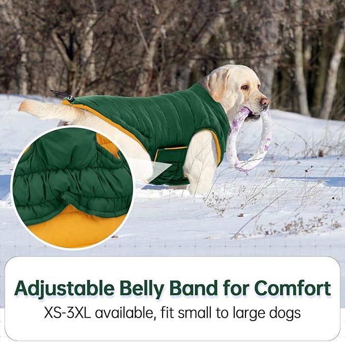 Lelepet Reversible Dog Coat Waterproof Dog Jacket Windproof Puffer Vest for Winter Warm Lightweight Coats for Small Dogs Adjustbale Hook & Loop Pet Apparel with Leash Hole, Chihuahua, Green, XS