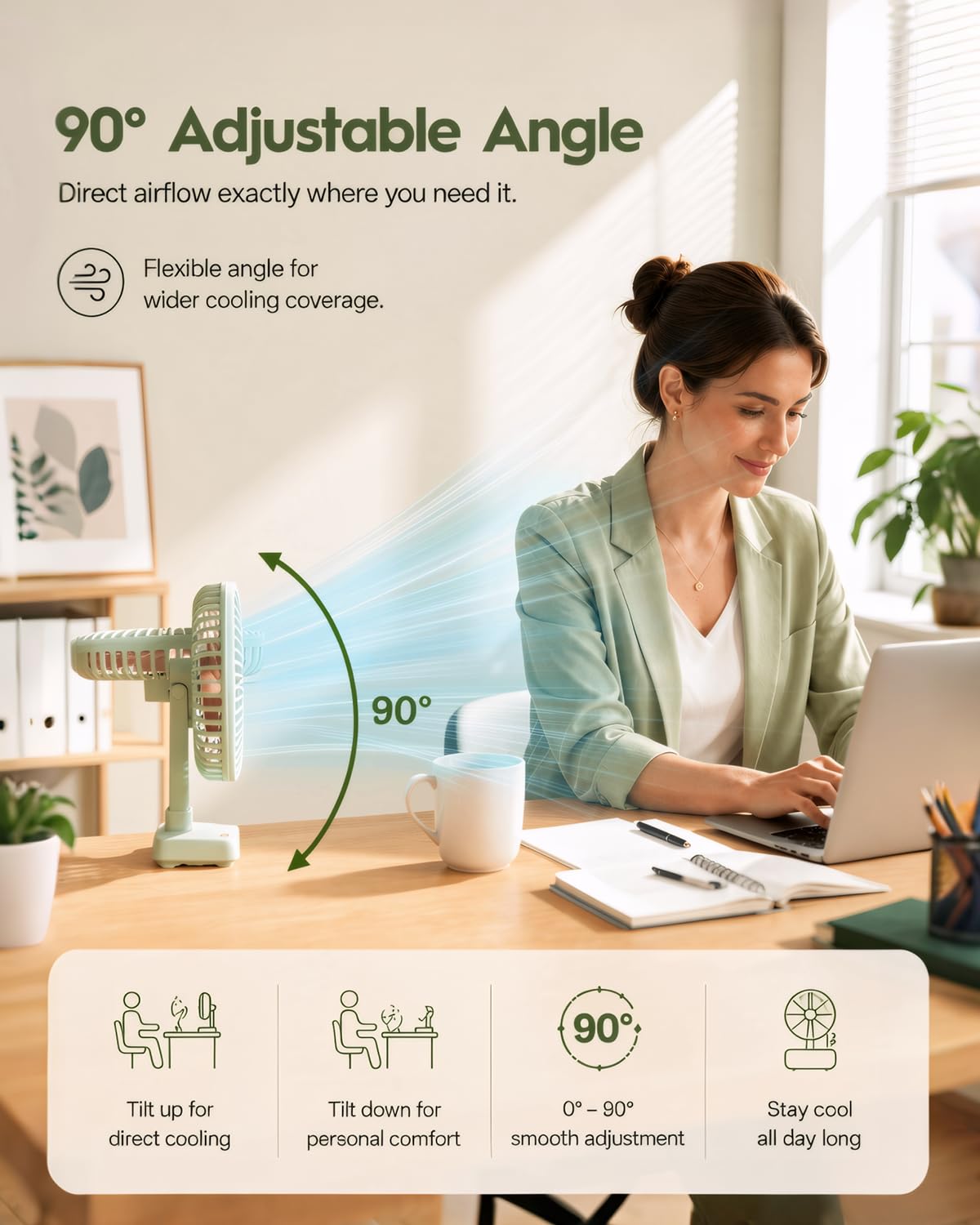 Funme Desk Fan, 6700mAh Rechargeable Table Fan with 23H Max Runtime, 3 Speeds, 90° Adjustable Tilt, Quiet Personal Desk Fan, Portable Desktop Fan forHome Office Bedroom Kitchen, Green