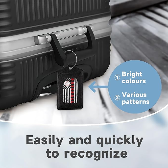 2 Pack Leather Luggage Tag for Suitcase Vintage Baseball American Flag Unique Travel Tags with Privacy Cover ID Label & Stainless Steel Loop for Men and Women Baggage