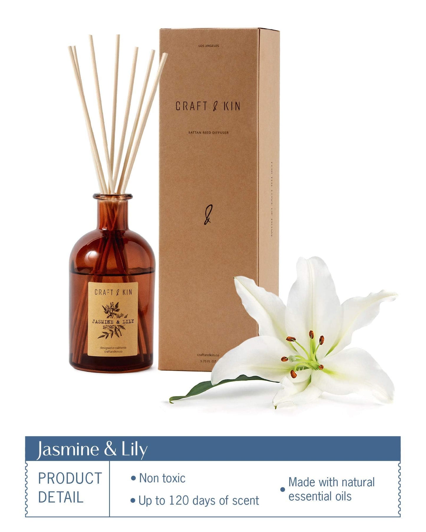 Craft & Kin Lily & Jasmine Reed Diffuser – 5.75 oz Essential Oil Diffuser for Home & Bathroom – Up to 120-Day Fragrance with 8 Rattan Scent Sticks – Amber Glass Room Decor