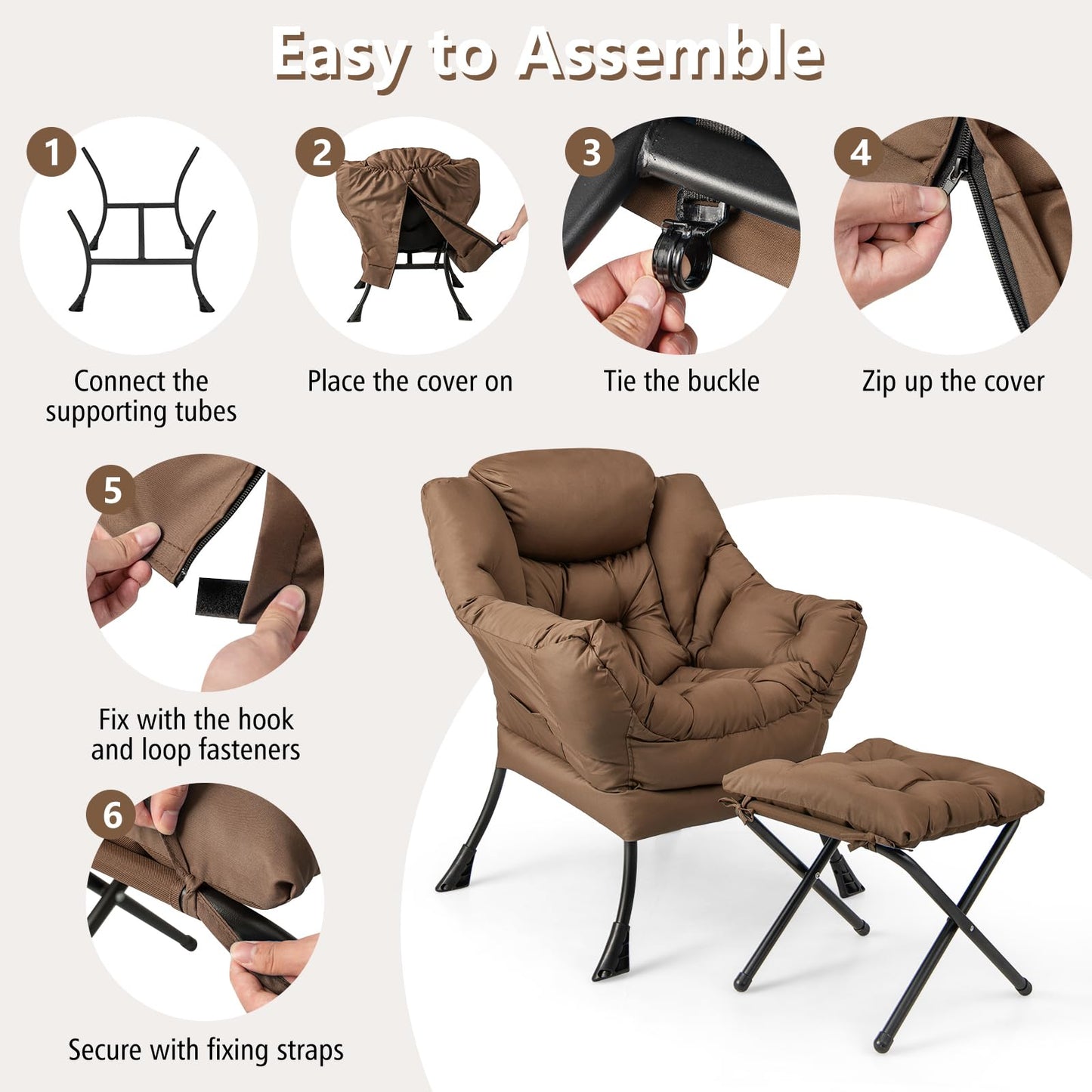 Giantex Lazy Chair with Ottoman, Accent Sofa Chair with Folding Footrest, Side Storage Pocket, Upholstered Leisure Lounge Armchair with Stool for Bedroom, Living Room, Office, Brown