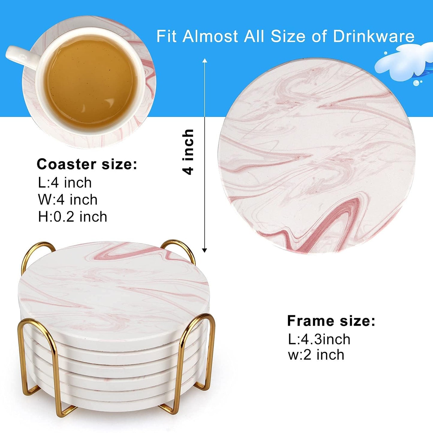 Cute Pink Marble Coasters Set of 6 Pack Stone Coffee Table Decor Absorbent Ceramic Cup Coaster with Holder Decorative Tea Bar Accessories Gift Kitchen Desk Coster Drink Modern Funny Aesthetic Coasters
