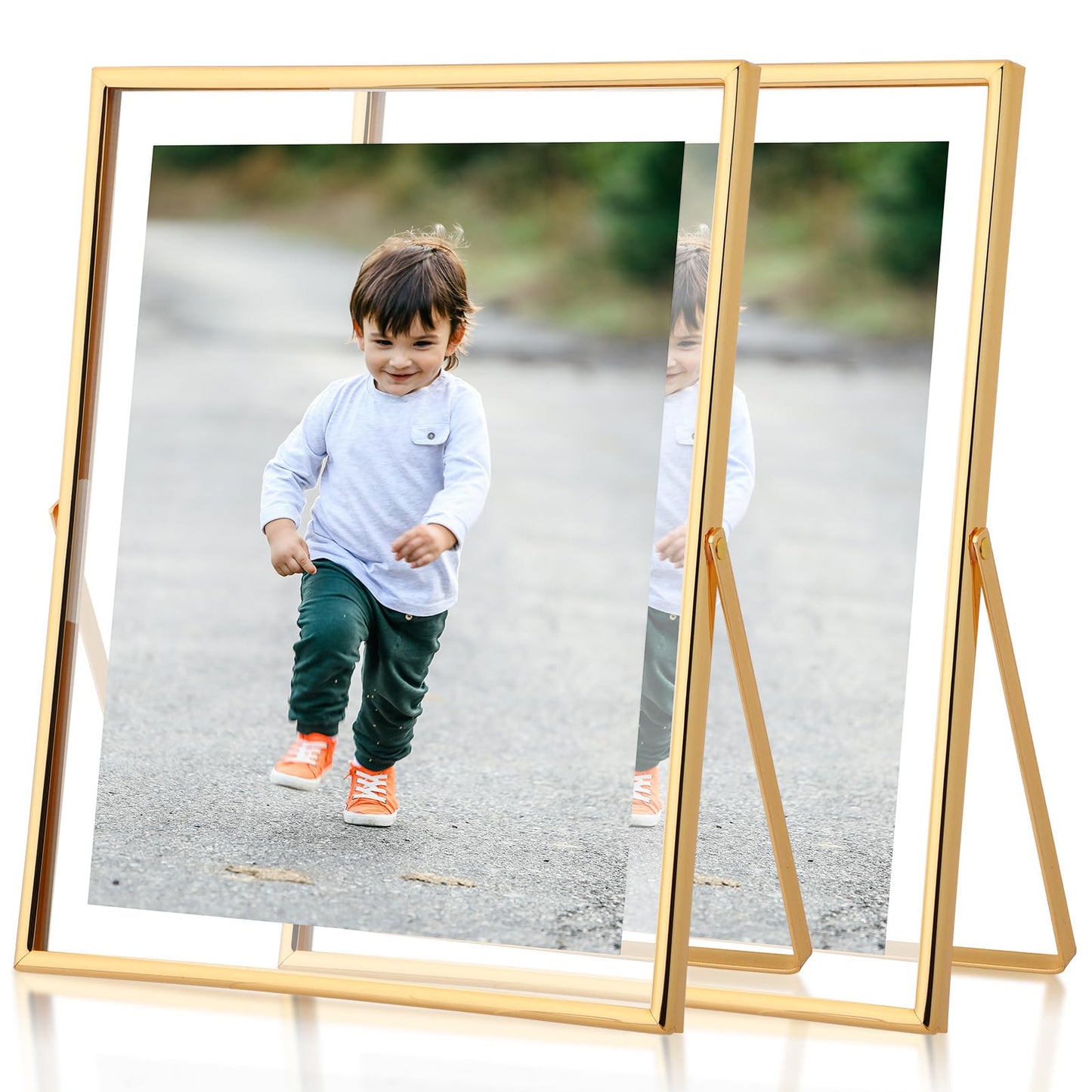 Fixwal Gold Floating Picture Frame Set of 2, 8 x 10 Tempered Glass, Tabletop Display, Multi Size Including 6 x 8, 5 x 7