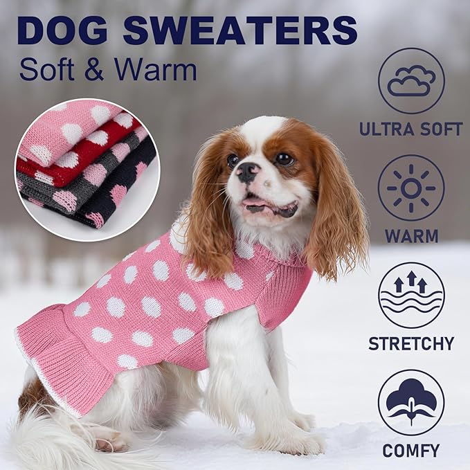 KYEESE Valentines Dog Sweater Dress, Warm Dog Sweaters Medium Large Size Dogs Girl, Cozy Pullover Pet Clothes Knit Pet Apparel with Leash Hole, Pink Dot, 2XL