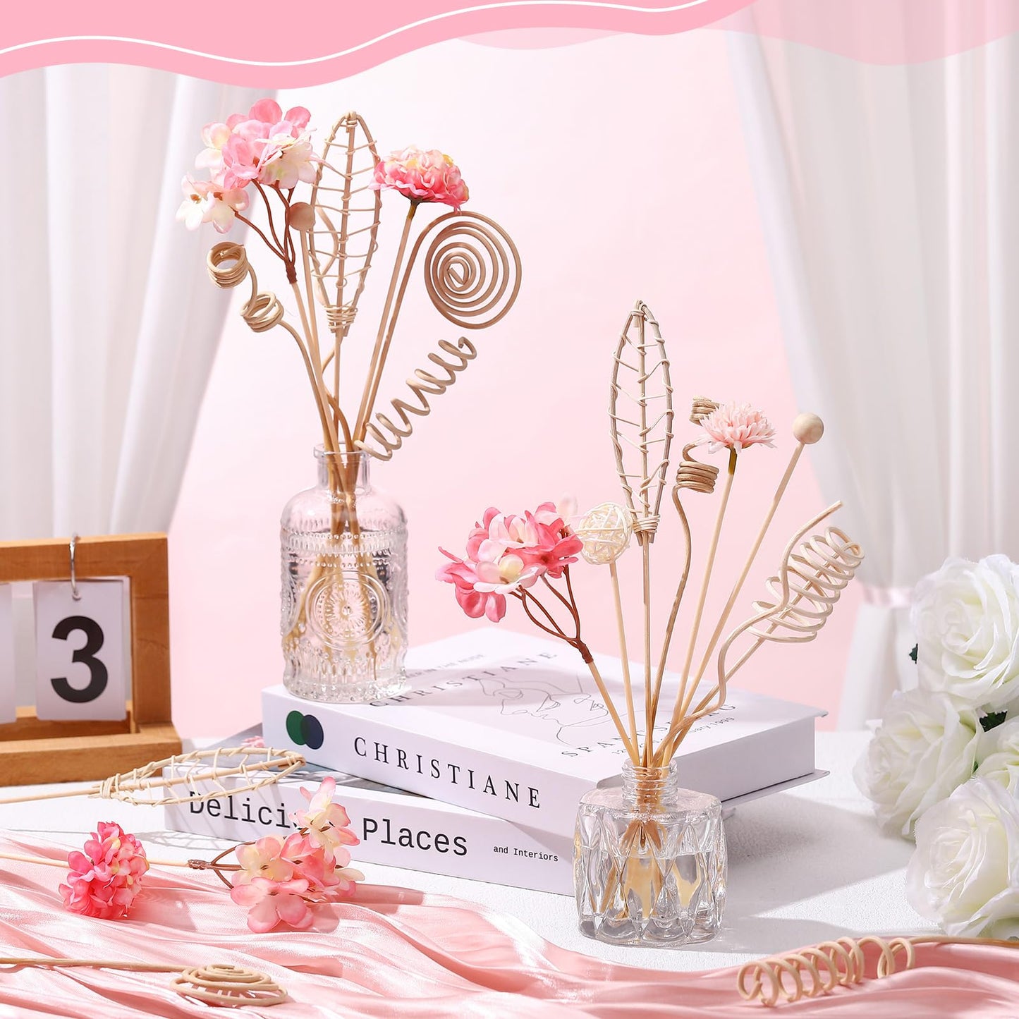 Queekay 32 Pcs Reed Diffuser Sticks Set Include 21pcs Natural Rattan Wood Beads, 11 Style Fragrance Diffuser, Rattan Reed Fragrance Replacement for Home(Pink Color)
