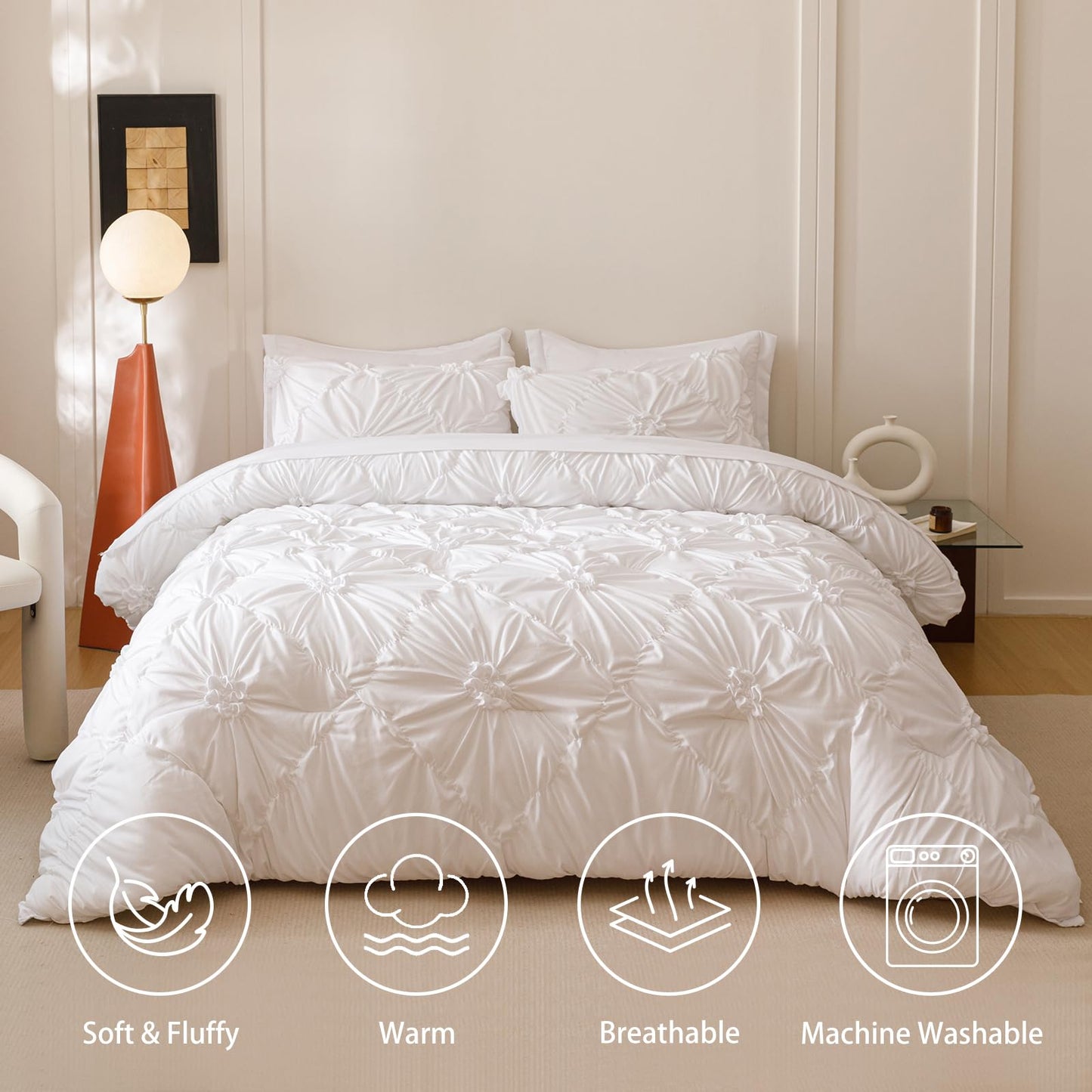 Nttopship White Queen Comforter Set - 7 Pieces Bed in a Bag, Premium Comforters Queen Size Bed Set Pintuck Pinch Pleat Complete Comforter Set with Flat Sheet, Fitted Sheet and Pillowcases,White