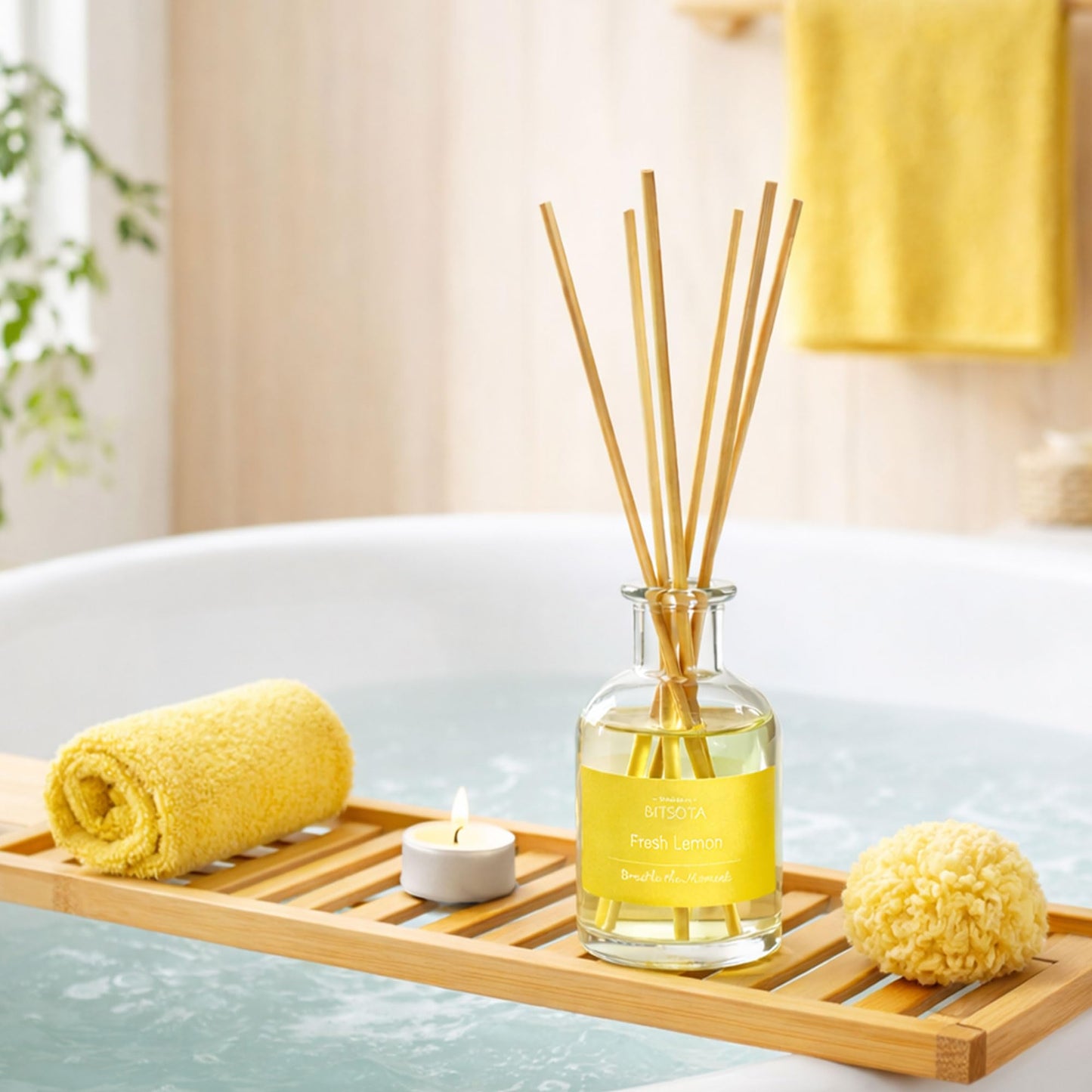 BITSOTA Natural Reed Diffuser Set, Fresh Lemon 3.52 oz (100ml) Scented Diffuser with Sticks Home Fragrance Reed Diffuser for Bathroom Shelf Decor, Ideal Gift for Woman