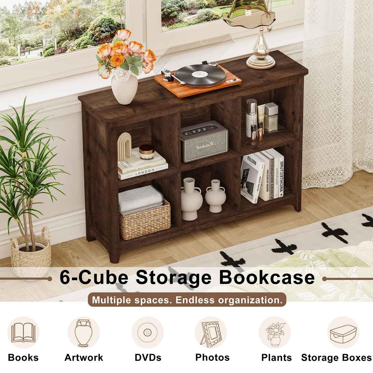 BON AUGURE 6 Cube Storage Bookcase, Horizontal Wooden Bookshelf with Curved Edge, 3 Tier Cubby Organizer Book Shelf for Living Room, Bedroom, Home Office (Rustic Oak, 43 Inch)