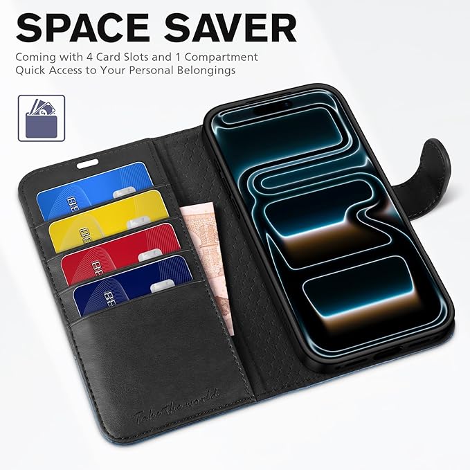 TUCCH Wallet Case for iPhone 17 Pro Max (6.9") 2025, RFID Blocking 4 Card Slots | Kickstand | Magnetic Closure | PU Leather | Shockproof TPU Shell | Protective Cover | Black & Light Blue