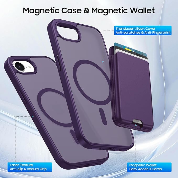 Ntwinro Magnetic for iPhone 16e Case (Compatible with MagSafe) with Detachable Wallet & Card Holder for 3 Cards [RFID Blocking] Military Grade Protective Slim Phone Cover, Purple