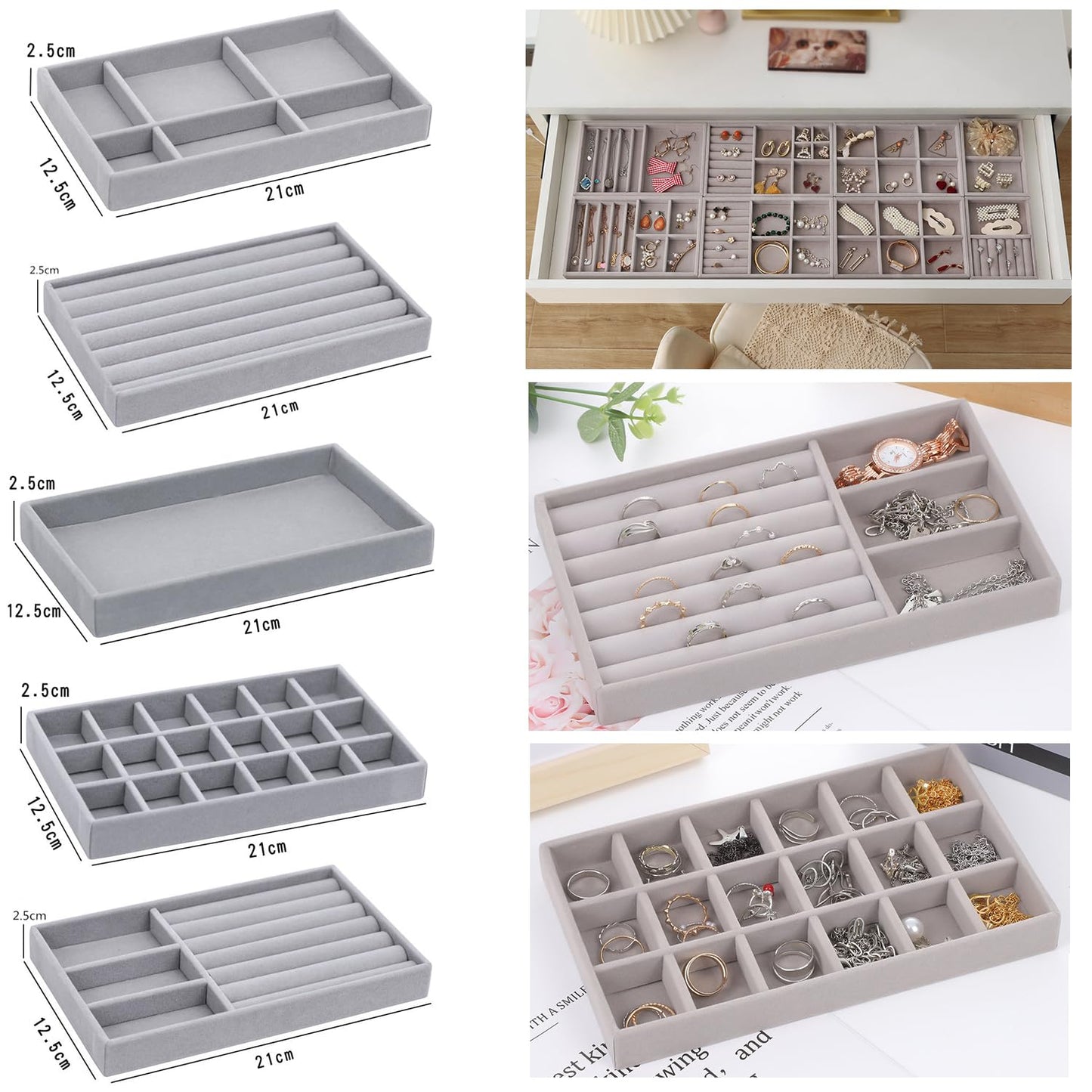 10 Pack Jewelry Organizer Tray Drawer Inserts Stackable Velvet Liner Dividers Customizable Jewellery Box Foam Ring Earring Holder Necklace Bracelet Storage Display Dish Flat in Dresser Vanity