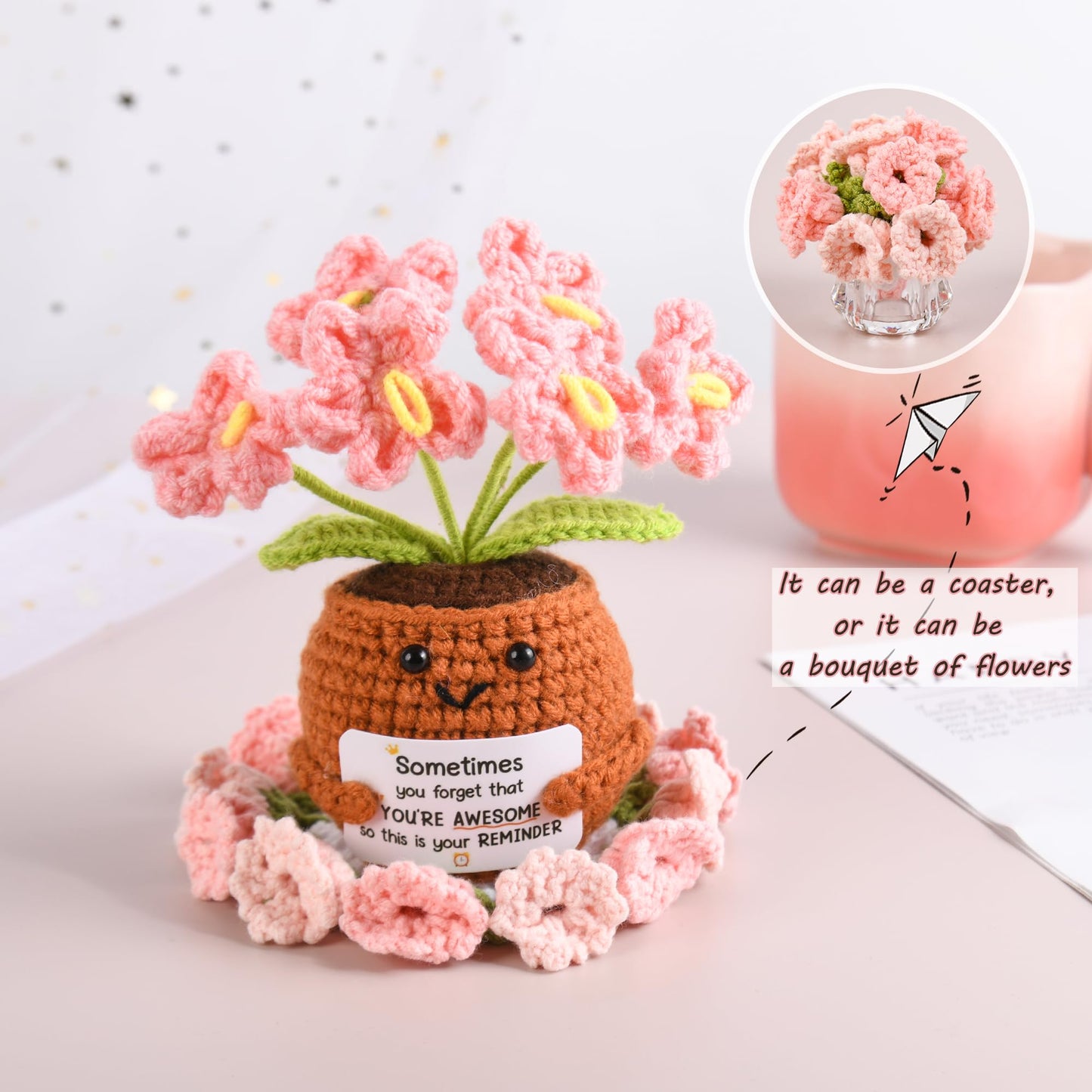 Kovtesiu Birthday Gifts for Women, Knitted Tassel Throw Blanket Pink Gift Basket with Handmade Crocheted Potted Plants and Flower Coasters, Inspirational for Mom Her Wife Friend Grandma