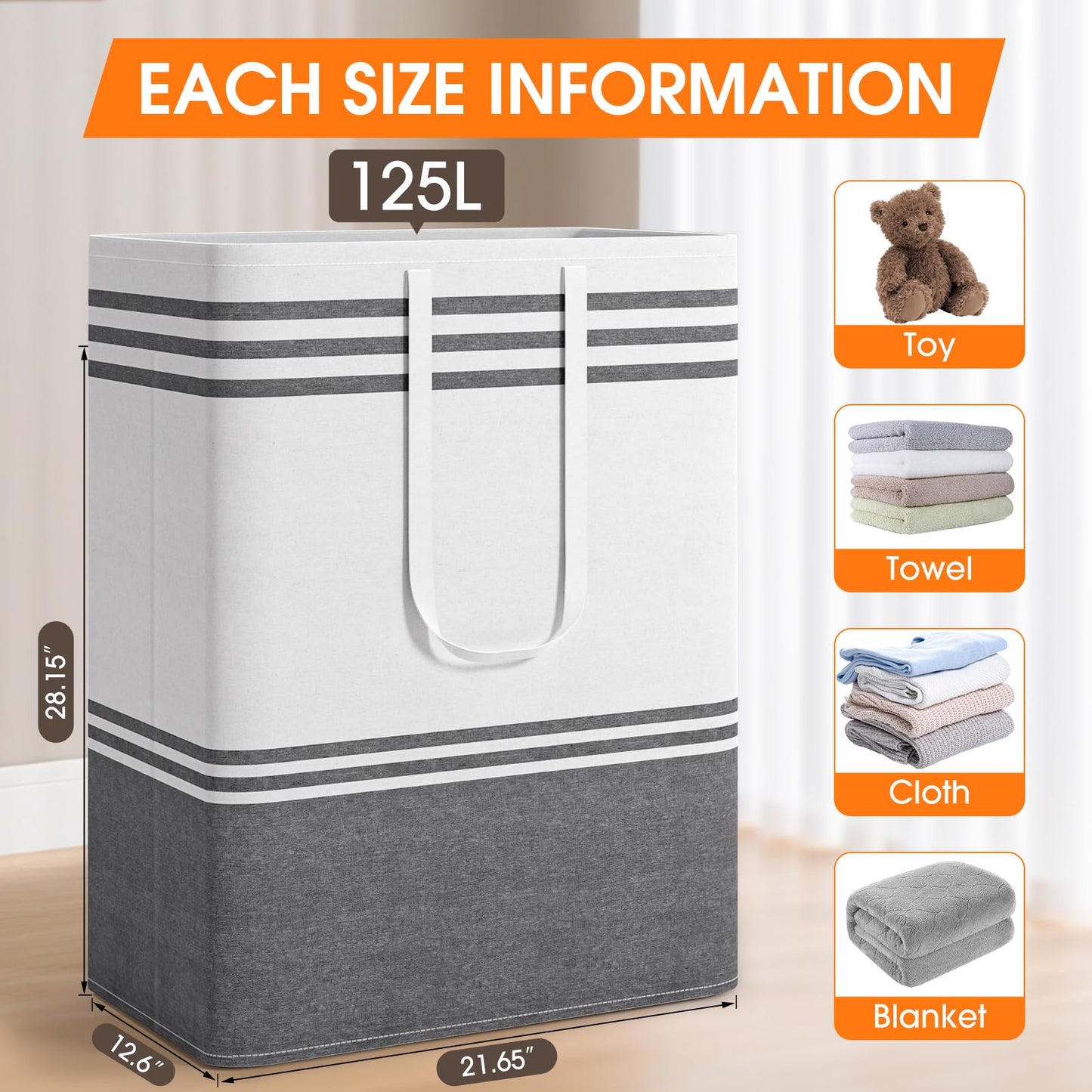 EpicTotes 2 Pack Large Home Laundry Basket, Laundry Hamper, Freestanding Waterproof Dirty Clothes Bag, Tall Clothes Hamper - Extended & Reinforced Handles for College Dorm, Family (Light Grey/125L)