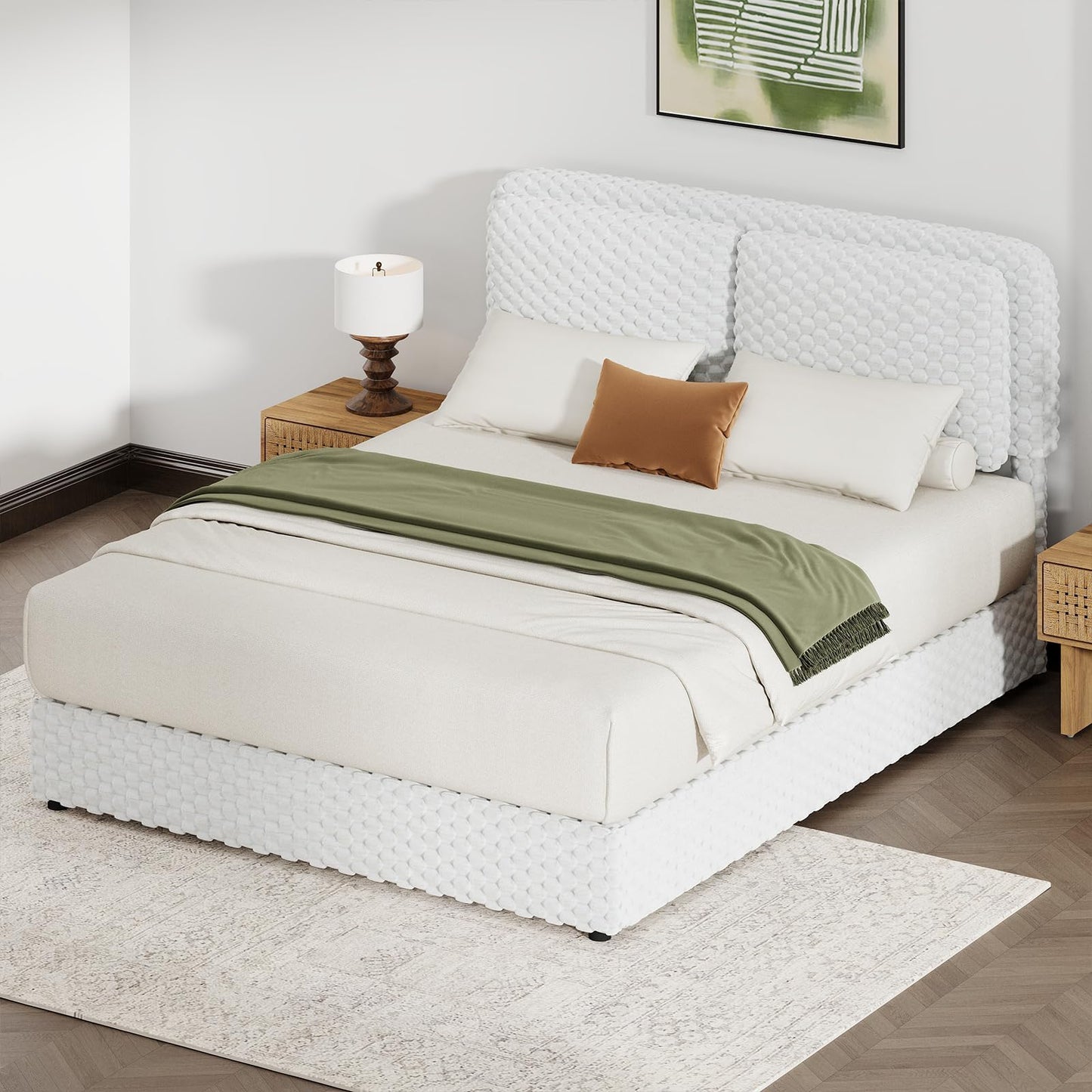 REVOMINCA Full Size Bed Frame with Headboard, Corduroy Upholstered Bed Frame, Wooden Slats Support, No Box Spring Needed, Easy Assembly, White