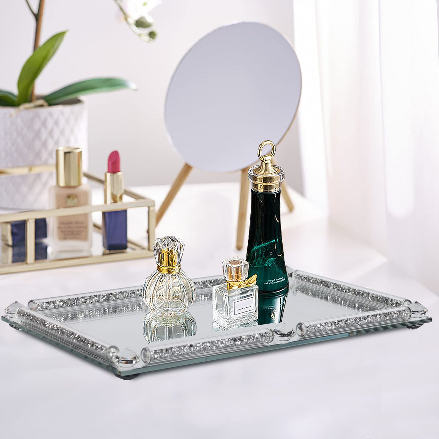YCWF Mirror Perfume Tray for Dresser,Crushed Diamond Filled Glass Vanity Tray,Decorative Bathroom Tray,Crystal Tray for Home Decorative,Party,Hotel Banquet,11.8"x 7.9"x1.2",Silver