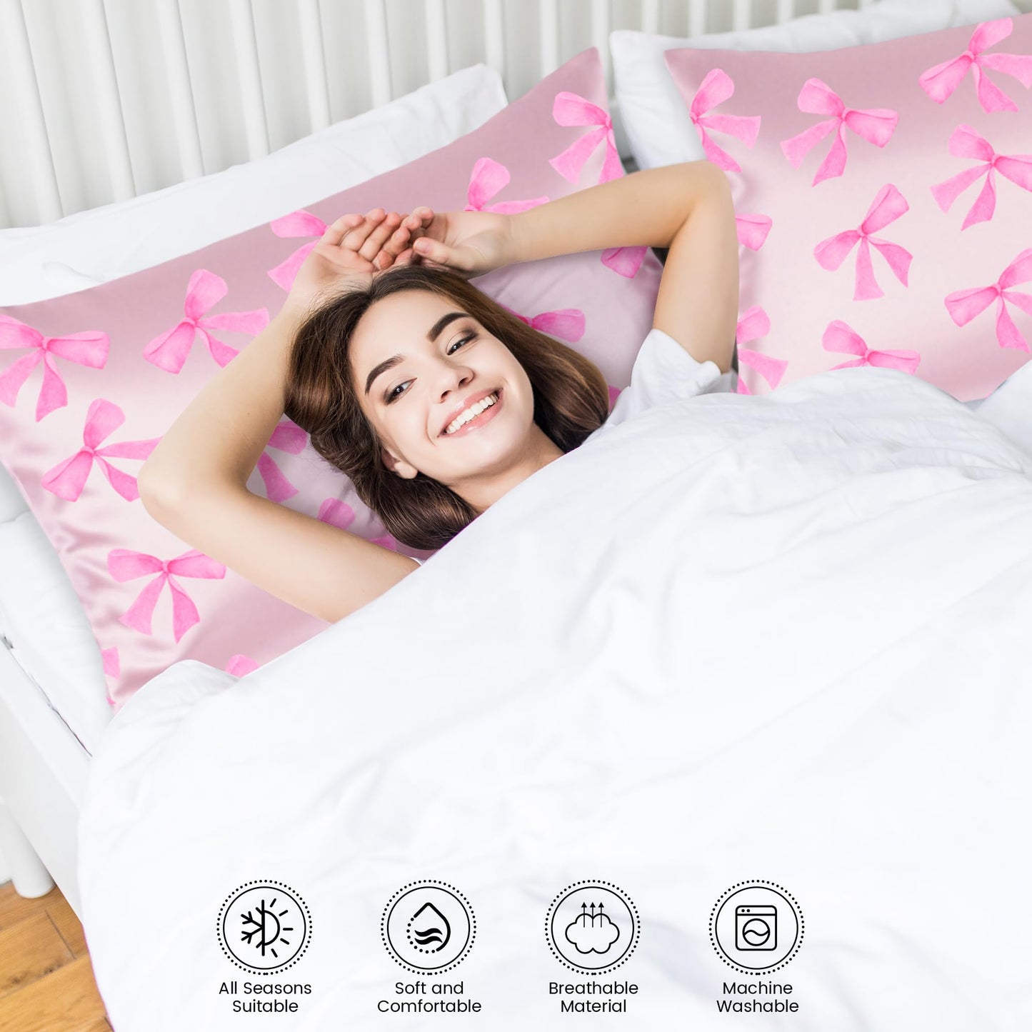 YZFDUI Pink Bow Satin Pillowcase for Hair & Skin Care, Standard Size Set of 2 - Luxurious Satin Pillow Cover with Envelope Closure(20x26 Inches)