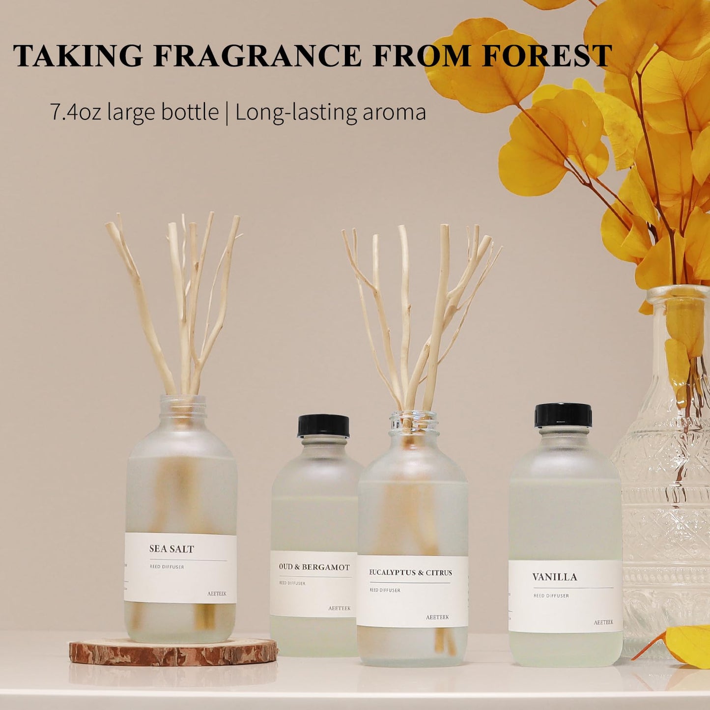 Aeeteek Sea Salt Reed Diffuser Set of 2-14.8 oz(220mlx2) Sea Salt Musk and Grass Essential Oils, Bathroom Air Freshener with Willow Branches Decor, Long Lasting Fragrance for Home, Office