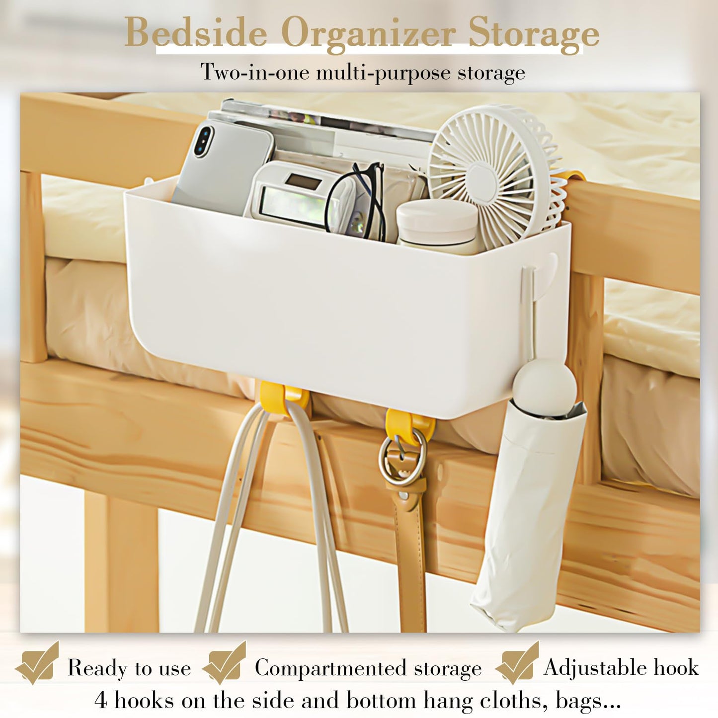 Nitial 2 Pcs Bunk Bed Shelf Hanging Storage Bedside Organizer with Hooks Multi Pockets Plastic Bedside Caddy for Dorm Bed Phone Glasses Rv Loft Bathroom Camper Handrail Book Accessories (White)