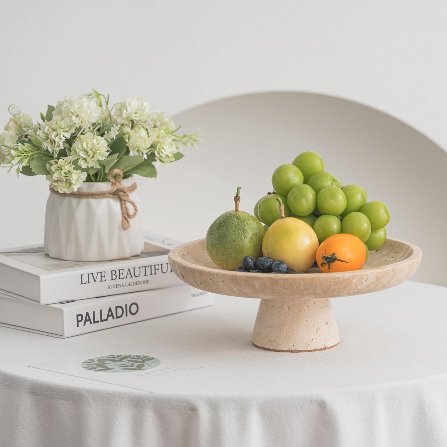 Leadfun Travertine Decorative Bowl, 10.2" Natural Stone Fruit Bowl for Kitchen Counter, Marble Decorative Bowl for Coffee Table, Entryway Key Bowl, Beige Home Décor