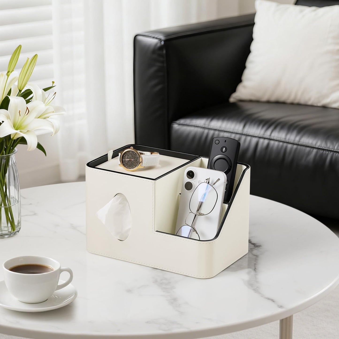 PU Leather Square Tissue Box Cover with Magnetic Closure, Tissue Holder with Storage Tray & Remote Control Organizer, for Nightstand, Living Room, Bathroom, Office Desk (White)