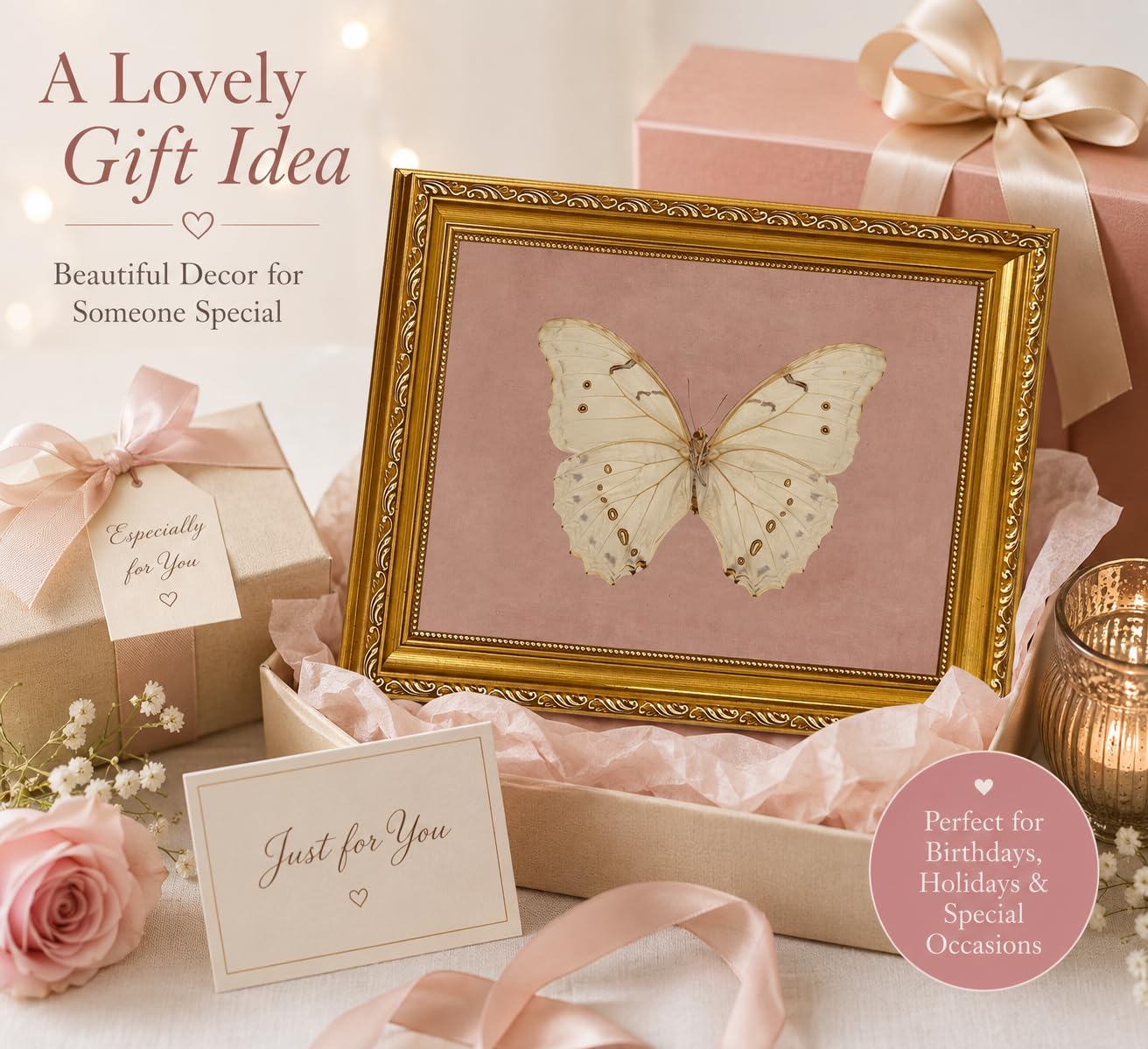 FKRYTYB Elegant Gold Framed Pink Moody Butterfly Wall Art 9x11in