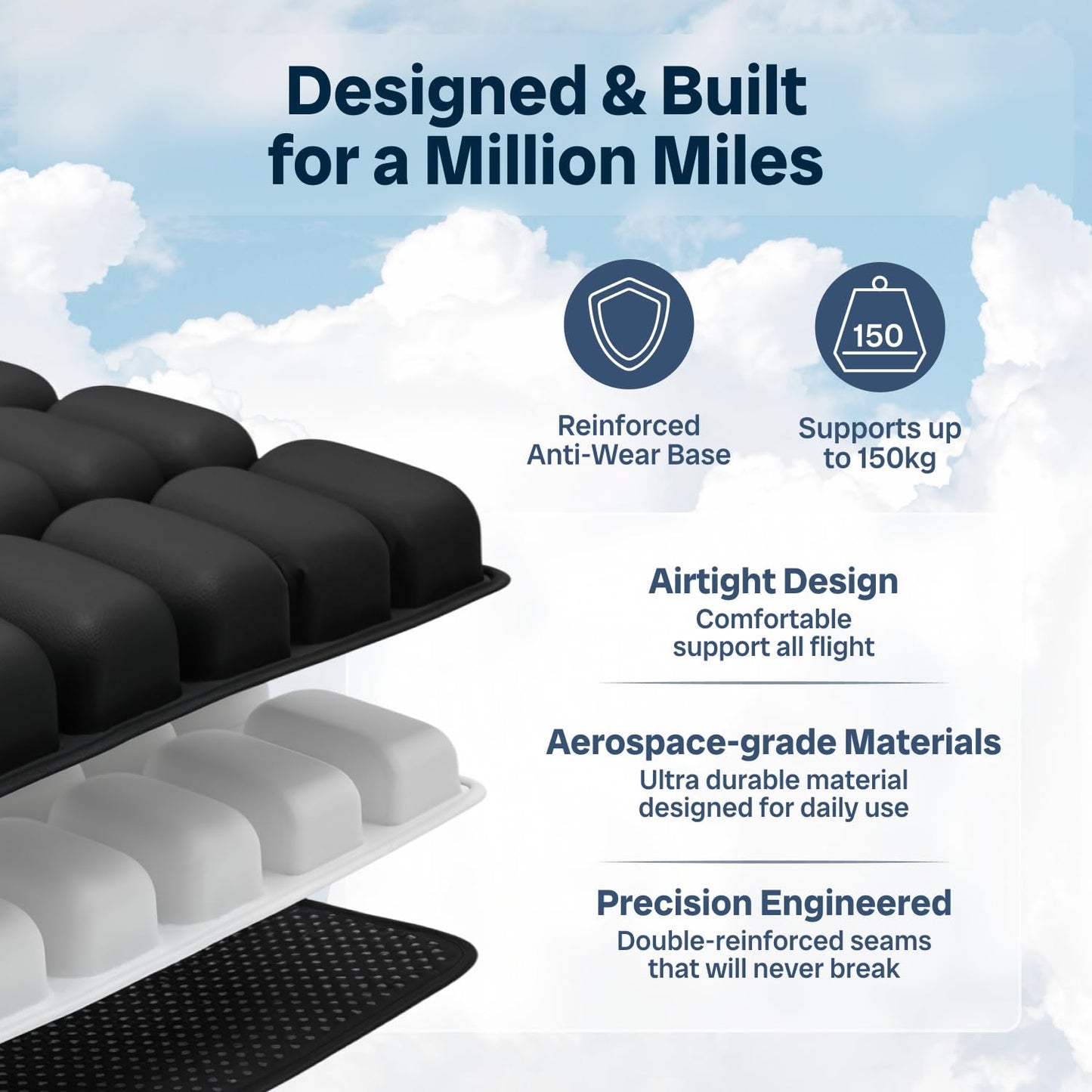 Sondur™ Travel Cushion – CloudAir Technology Airplane Seat Cushion – Inflatable Travel Cushion for Long Flights – Portable Air Cell Design, Puncture-Resistant Waterproof Pad – Black