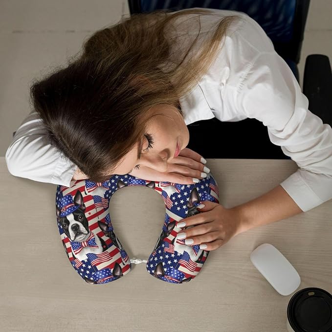 Memory Foam Airplane Pillow American Flag Boston Terrier for Car Chin Head Neck Supporting, U Shape Pillows Travel Cushion for Office, Nap Sleeping