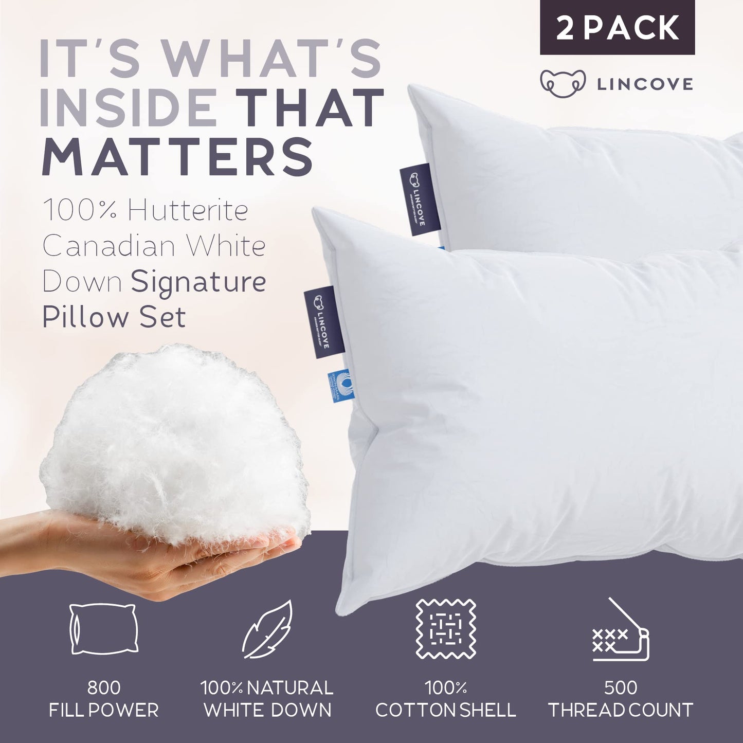 Lincove Signature 100% Natural Canadian White Down Luxury Sleeping Pillow - 800 Fill Power, 500 Thread Count Cotton Shell, Made in Canada, Queen - Medium, 2 Pack