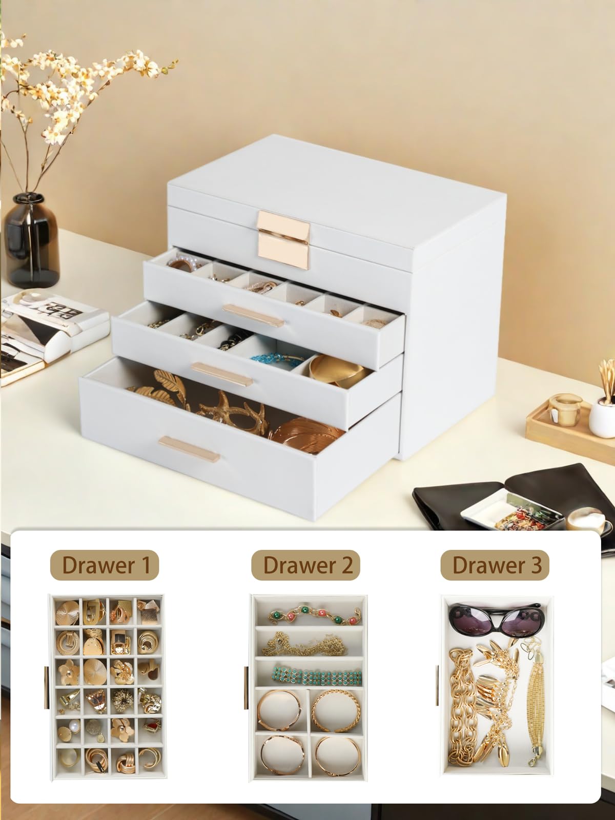BOOVO Jewelry Boxes for Women, 5 Layer Jewelry Organizer with Necklace Hanger and Drawers, Large Jewelry Box for Earrings, Necklace and Bracelet Storage Gifts for Women and Girls (White, 5 Layer)