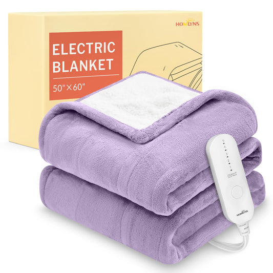 HOMLYNS LuxeHeat Heated Blanket Electric Blanket, Soft Flannel Sherpa Heated Throw, Heating Blanket with 5 Heat Settings, 3 hrs Timer Auto Shut Off (50x60 inches, Purple), Only for 120V Voltage Use