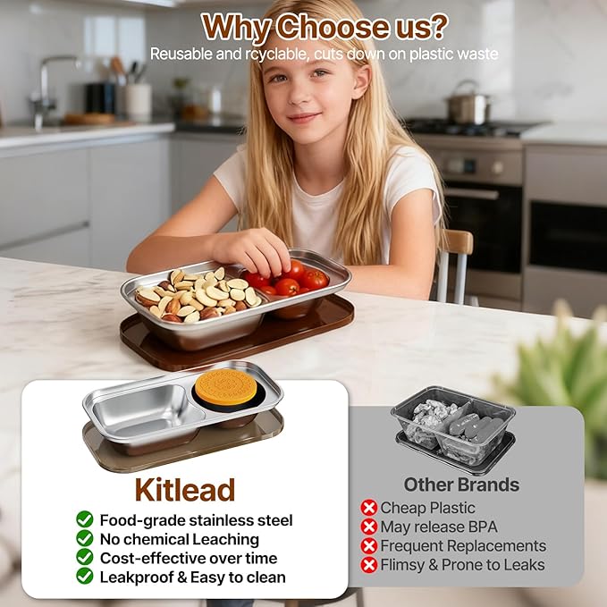 Kitlead 2 Compartment Grab and Go Snack Containers Reusable,Stainless Steel Snack Containers with Lid for Travel, Outdoor Camping and Daily Use (Set of 8)