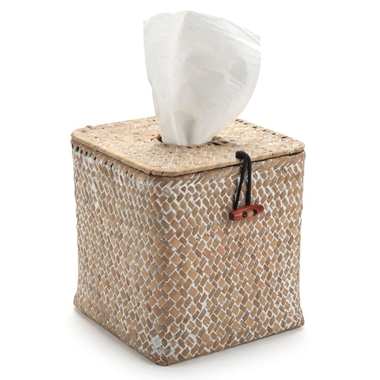 Tissue Box Cover Square, Seagrass Tissue Box Holder, Woven Facial Tissue Holder, Rattan Wicker Tissue Box, Decorative Tissue Cover for Dinner Table, Living Room, Bathroom, Bedroom, Office (Whitewash)