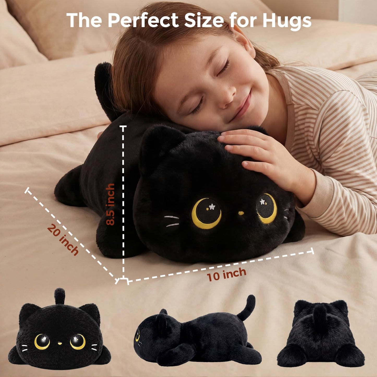 Mewaii Cute Black Cat Plush Pillow, Kawaii Plushies Black Cat Stuffed Animals, Squishy Plushies, Cuddle Plush Pillow for Kids & Girls (20 Inch)