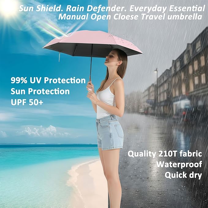 BAODINI Travel Essentials Mini Umbrella for Purse With Case Small Compact UV Sun Protection Lightweight Tiny Pocket Manual Open Close Umbrella for Women Kids and Men Fit Purse Backpack