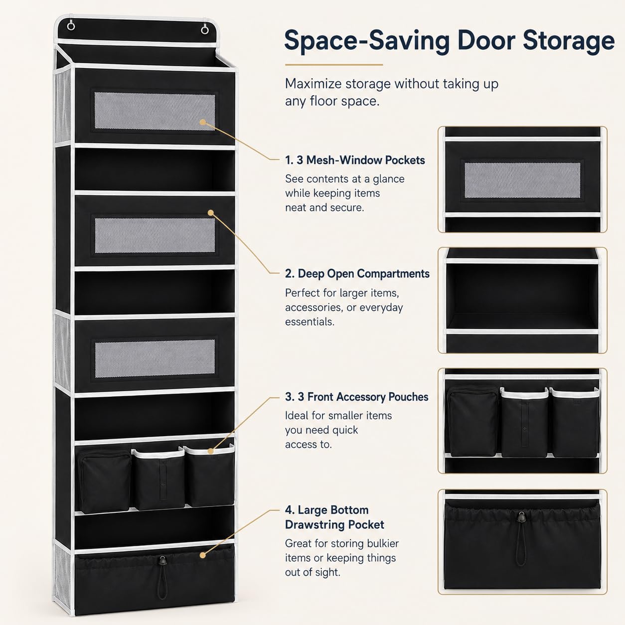1 Pack Over The Door Organizer Storage, Hanging Organizer Closet with 5 Large Pockets 6 Mesh Pockets, 50 lbs Weight Capacity, Behind Door Storage for Closet Nursery Bedroom Bathroom (Black)
