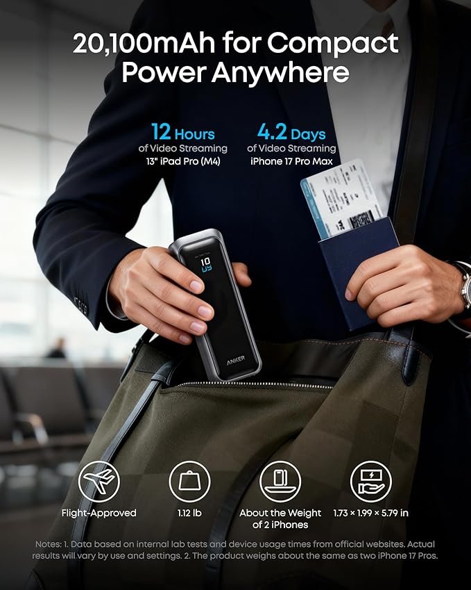 Anker Prime Power Bank, 20,100mAh 3-Port Portable Charger with 220W Max Output, Two-Way Charging, TSA-Approved, App Control, for MacBook, iPhone 17/16 Series, and More (Base Not Included)