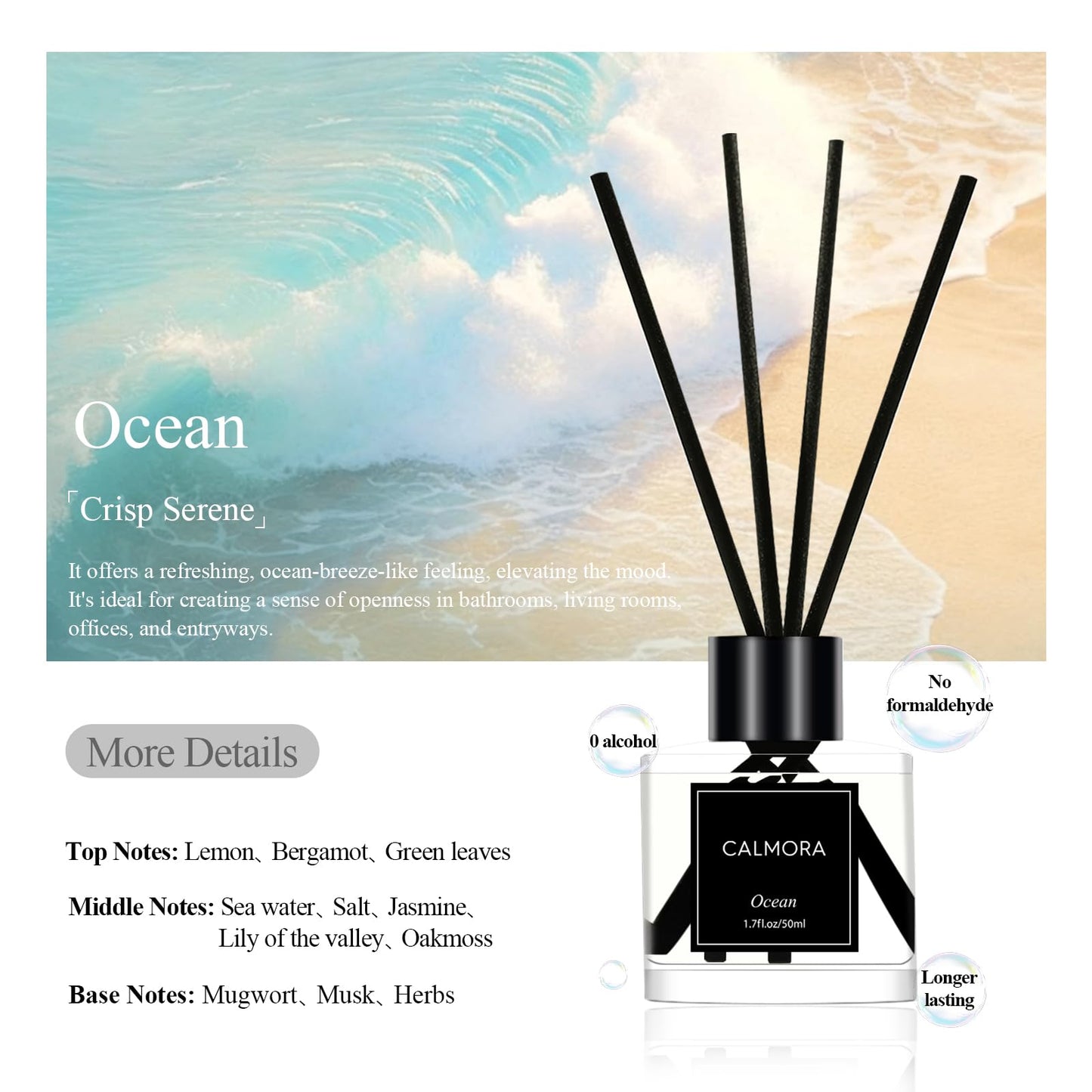 CALMORA Reed Diffuser Set of 3, 50ml Fresh Linen/Eucalyptus & Mint/Ocean Scented Oil Diffuser with 15 Sticks | Home Fragrance for Bedroom, Bathroom, Office & Living Room