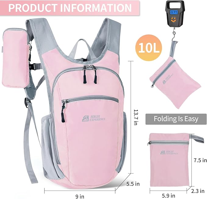 HIGH EXPERIENCE Hiking Backpack 10L/15L Small Daypack Lightweight Packable Travel Foldable Water Resistan for Women Men (Pink, 10L)