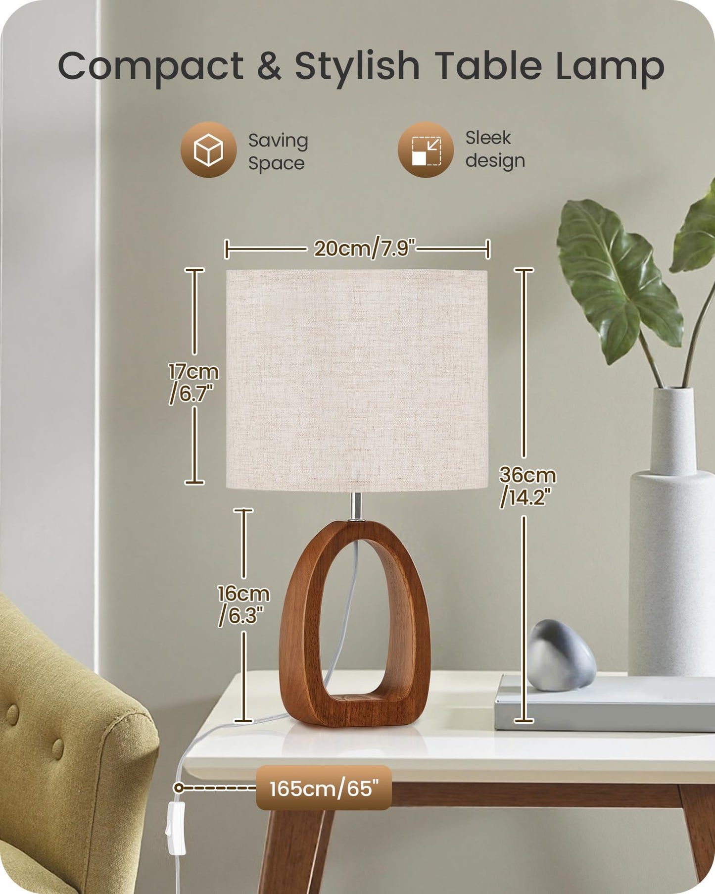 GOEBLESON Small Table Lamp, 14.2" Cute Little Desk Lamp, Wood Bedside Lamp with Linen Lampshade, Modern Nightstand Lamp for Bedroom, E26 Base, Bulb Not Included, Beige and Dark Natural LE07TL05